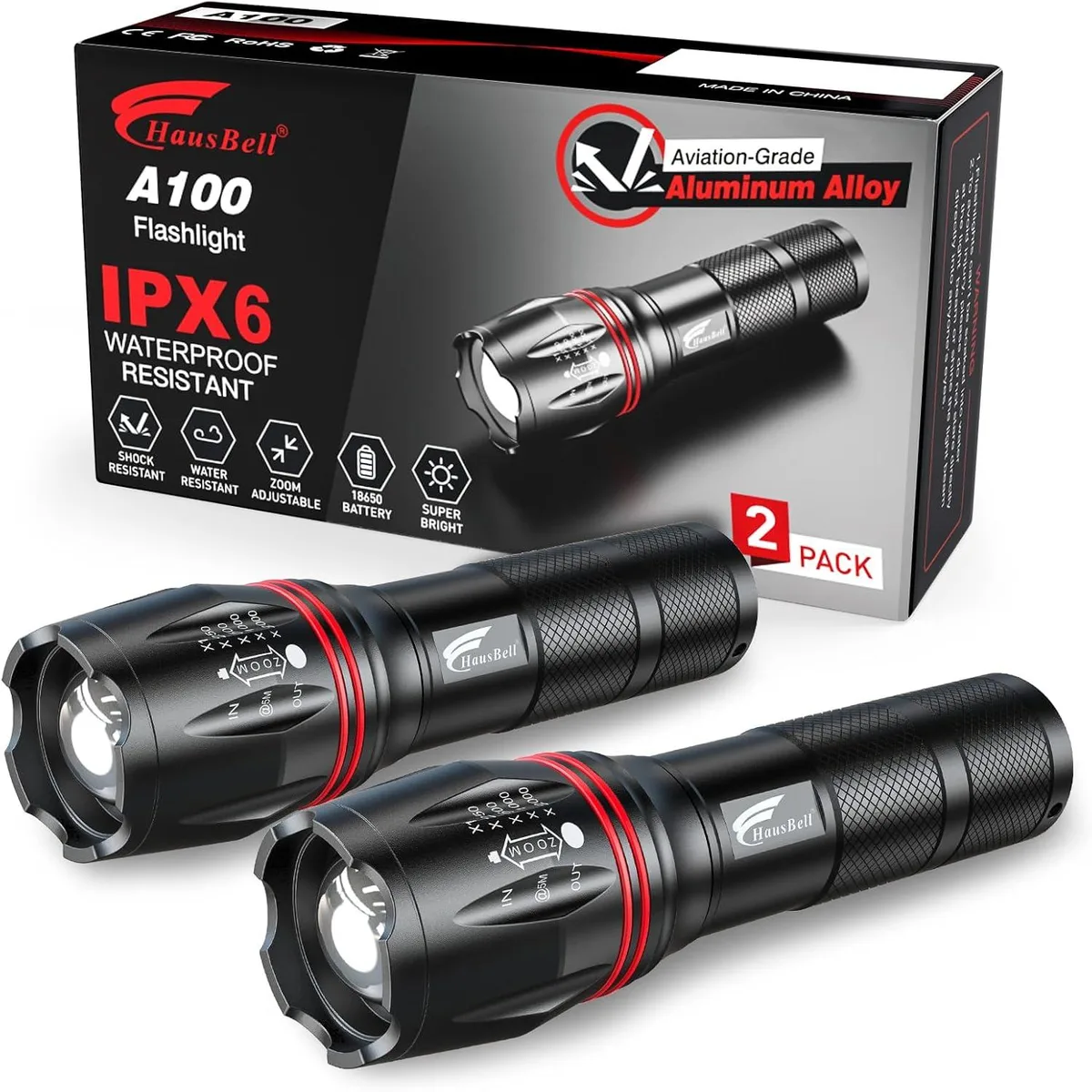Two compact aluminium flashlights with zoomable heads and wrist straps