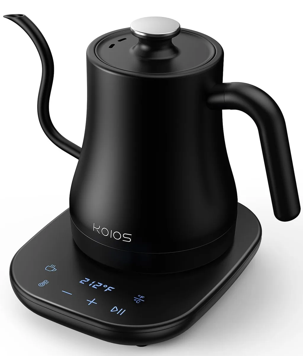 Black gooseneck electric kettle with LCD base and insulated handle