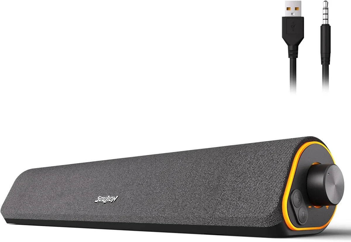 Compact black soundbar with cloth grille, 30-degree tilt, LED lighting, USB power and 3.5mm jack
