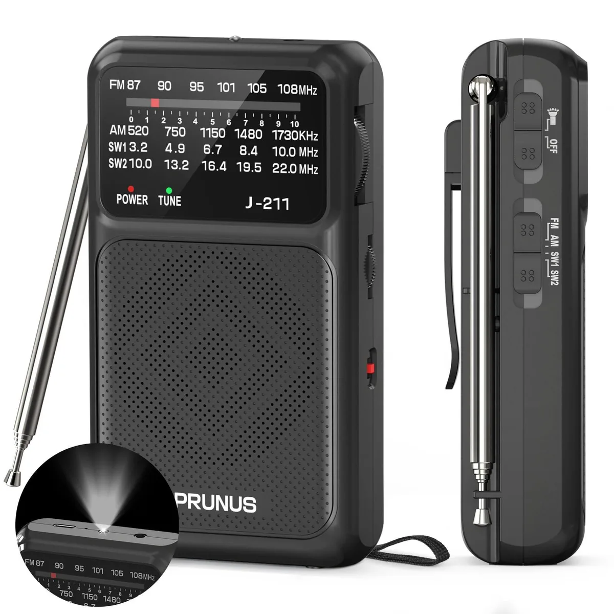  PRUNUS J-211 Portable AM FM Radio USB-C AA Battery — product photo