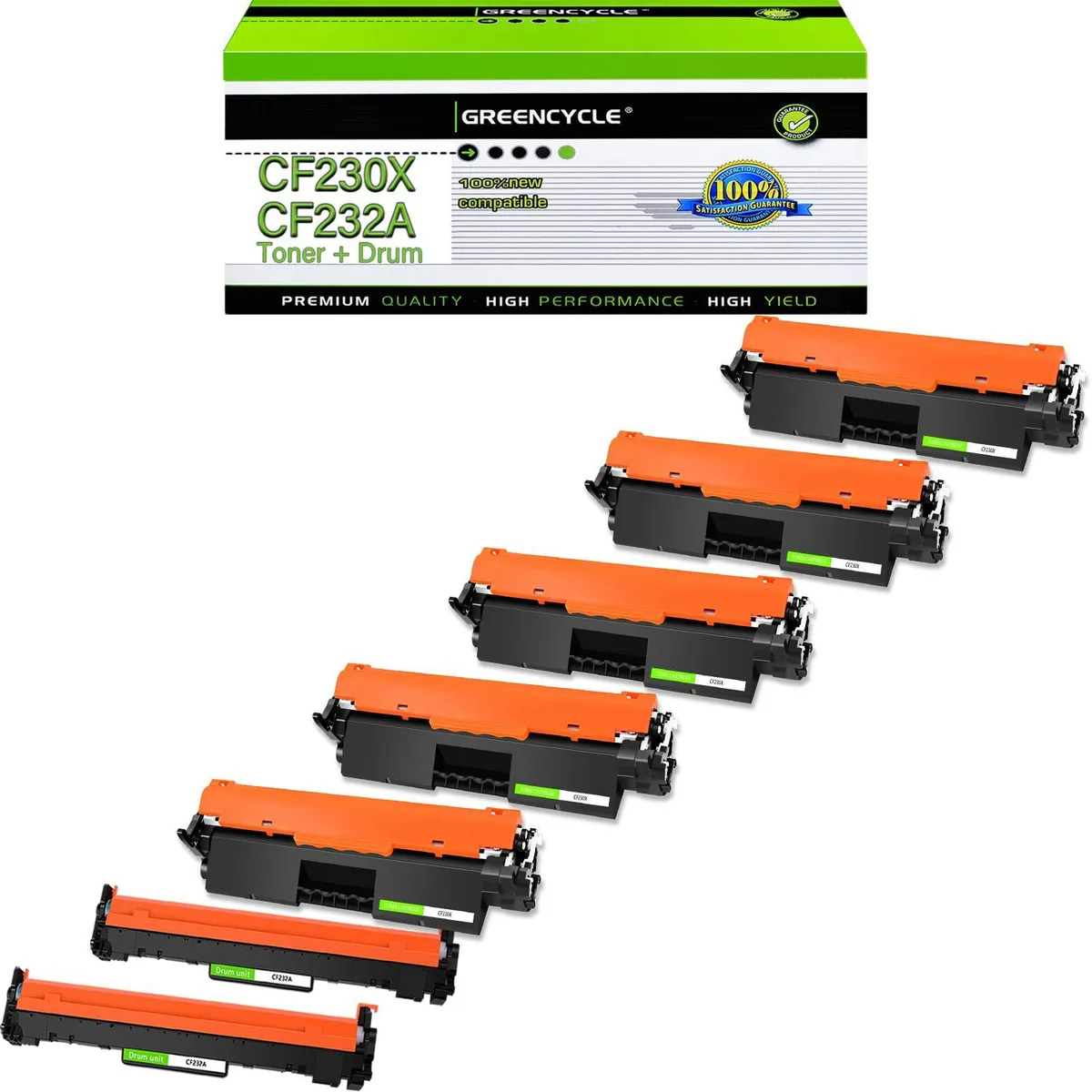 Five black toner cartridges and two drum units in green packaging