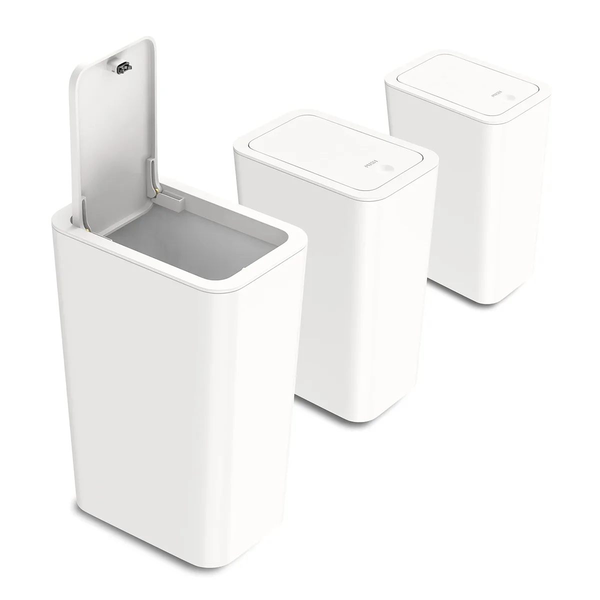 Three off-white rectangular plastic bins with pop-up lids