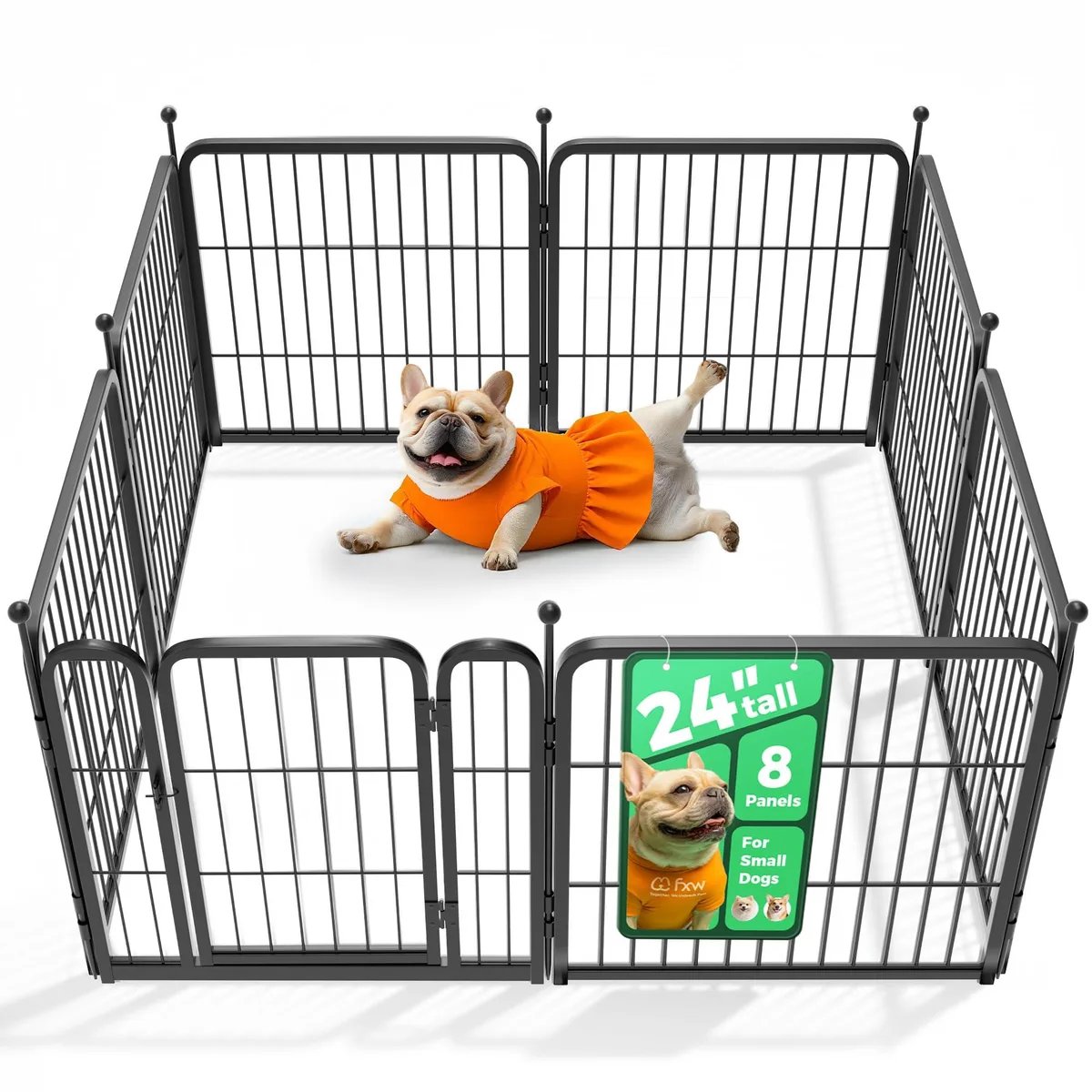 Black metal dog playpen, eight 24-inch panels with wire mesh, door panel included, ground stakes visible