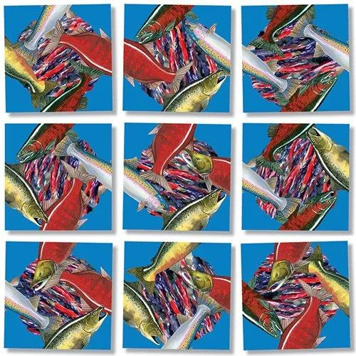 Nine-piece square puzzle showing salmon artwork, new condition