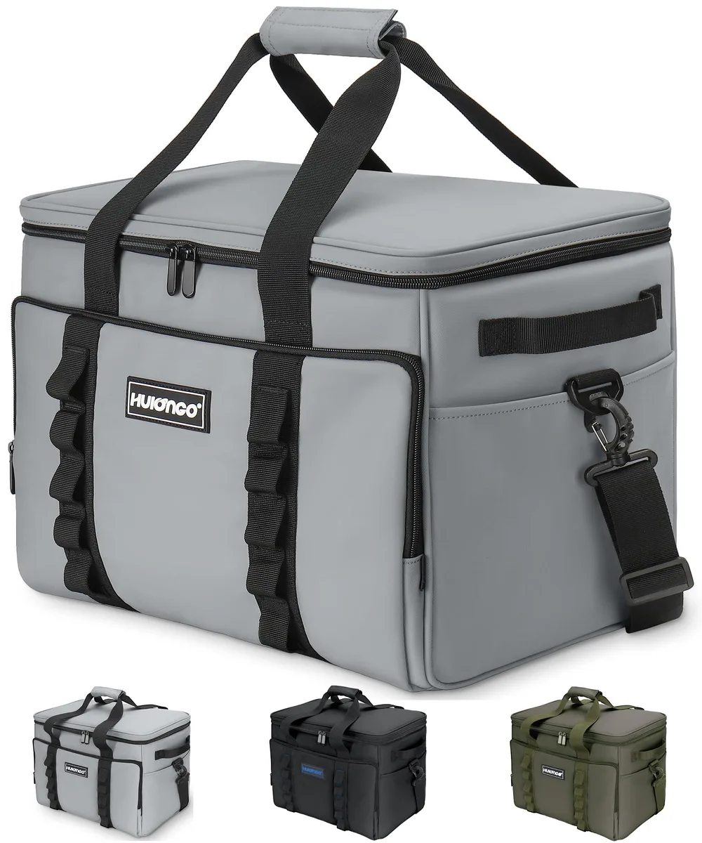 Red soft-sided cooler bag with shoulder strap and handles, rectangular shape, collapsible design