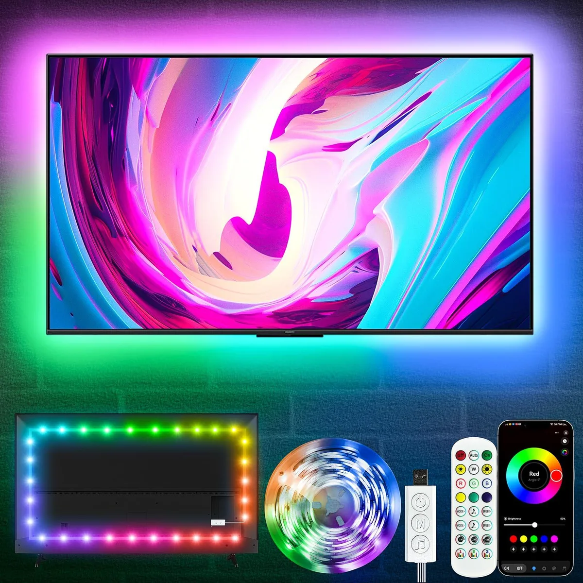White 16.5ft LED strip kit with clear prismatic finish and USB control box