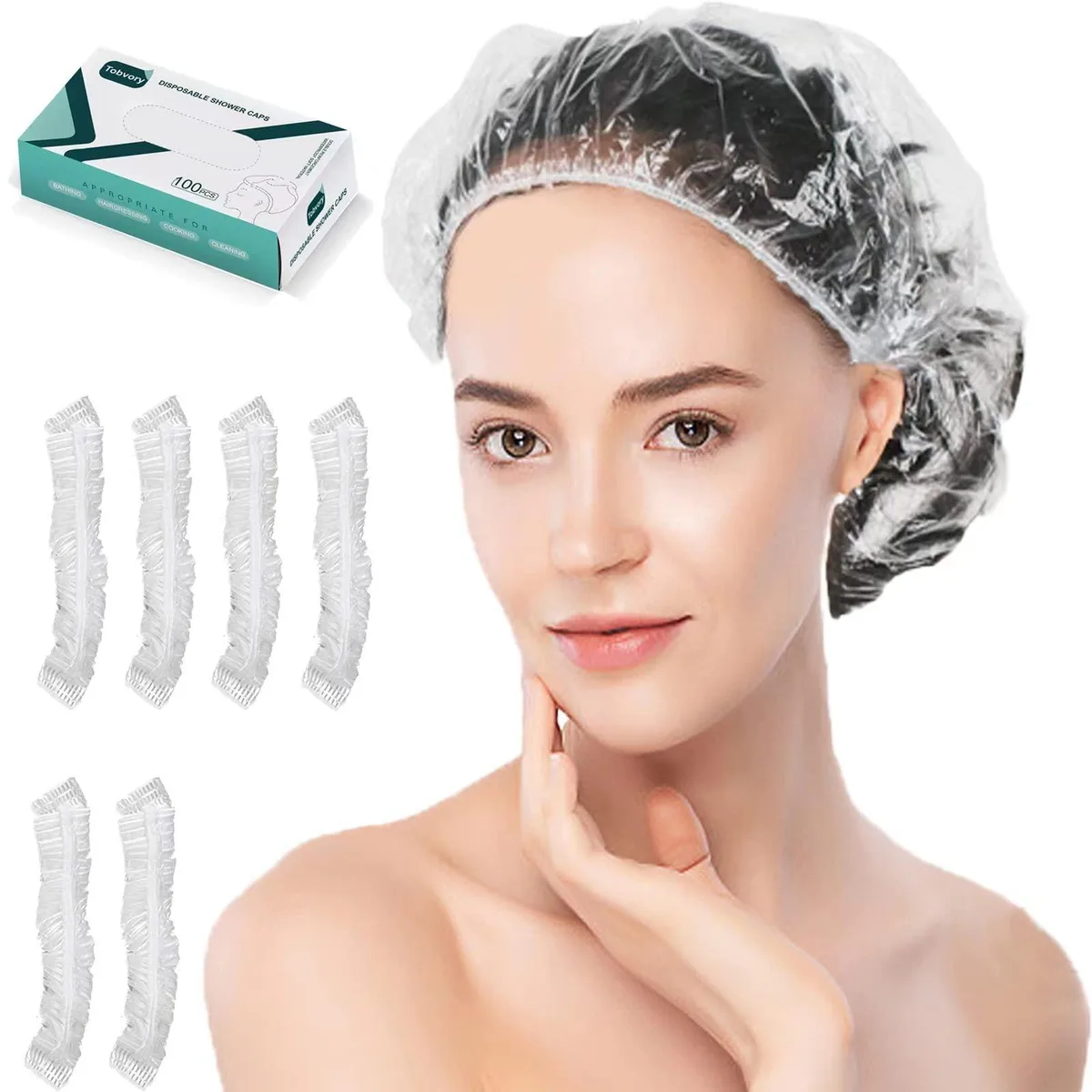 Tobvory GM-FLMA-HQ3A Disposable Bath Caps 100PCS 12" Clear Elastic — product photo