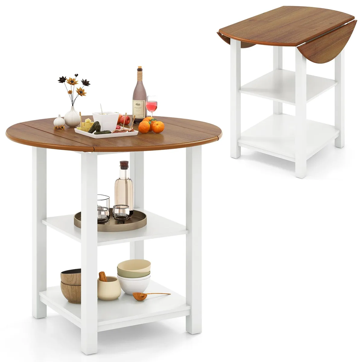 SlickBlue SlickBlue Folding Round Dining Table Drop Leaf 2 Shelves White 40in — product photo