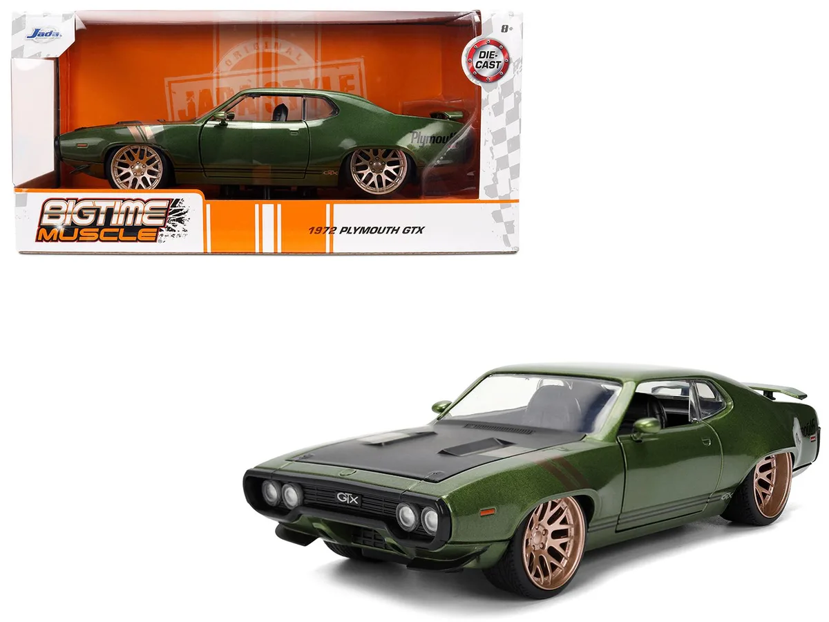 Jada Jada 1972 Plymouth GTX Green Metallic Matt Black Hood Gold Stripes Bigtime Muscle 1/24 Diecast Car — product photo