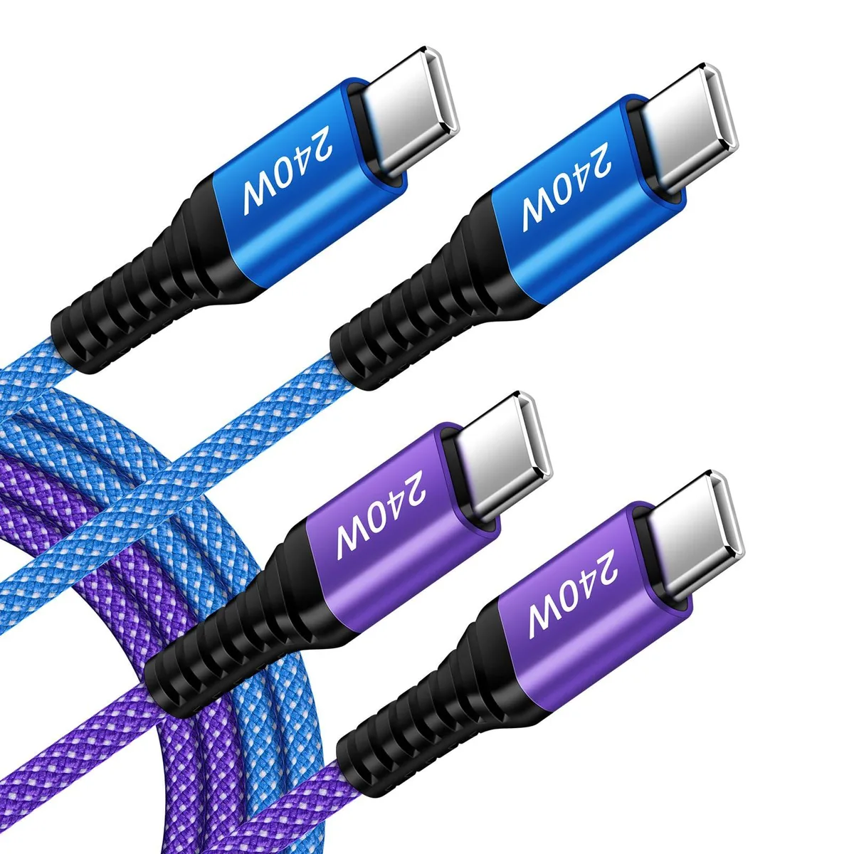 Two braided USB-C to USB-C cables, six feet each, dark nylon finish