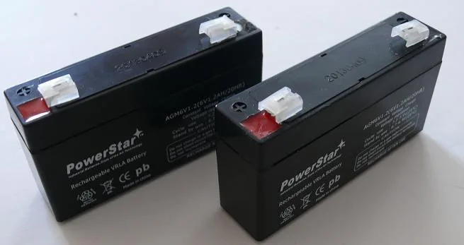 Two sealed 6V 1.2Ah AGM batteries, rectangular black cases, F1 terminals, 3.82 by 2.05 by 0.94 inches
