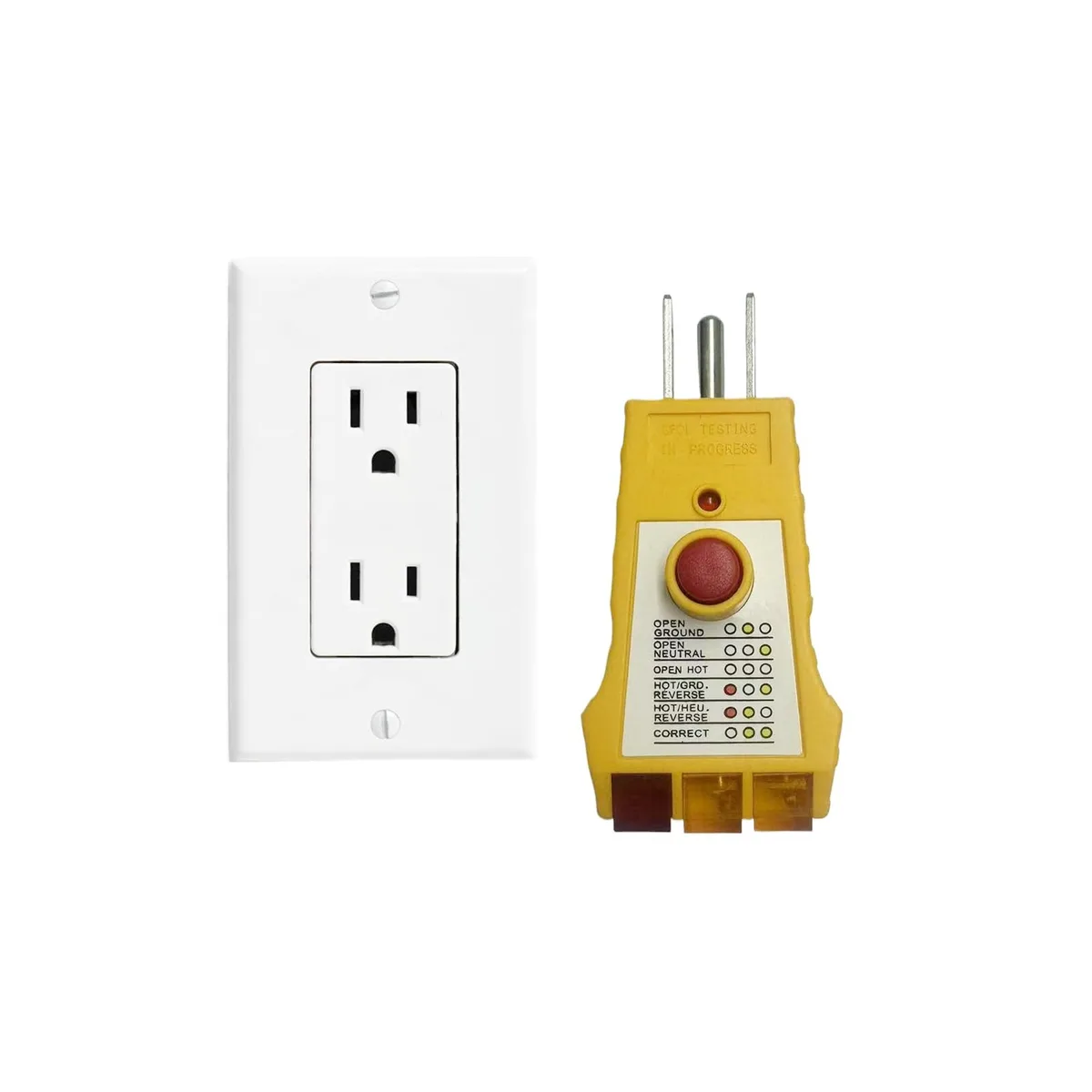 Yellow compact outlet tester with GFCI check and indicator lights