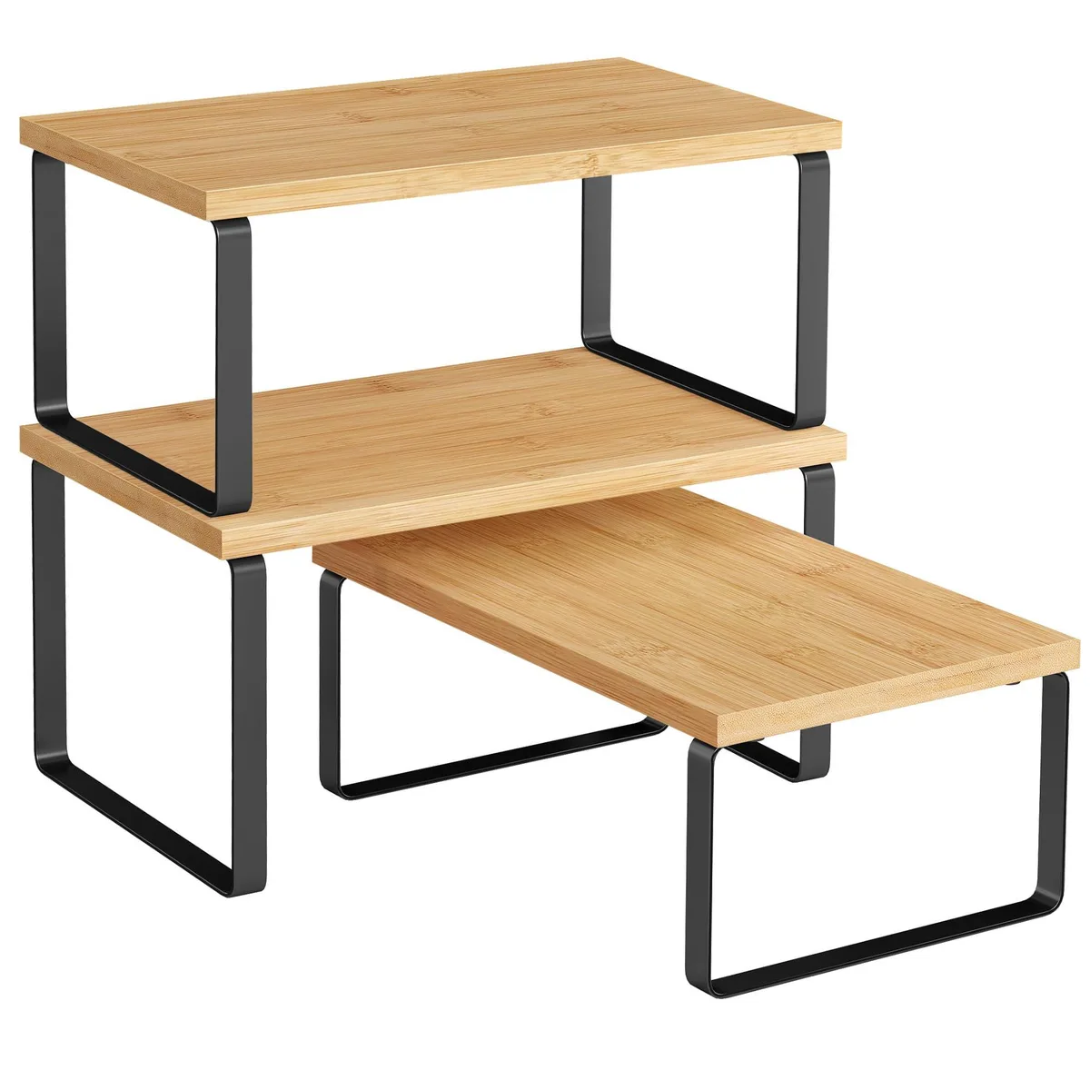 Three stackable cabinet shelves in ink black metal frames with natural beige engineered wood tops, graduated sizes shown assembled