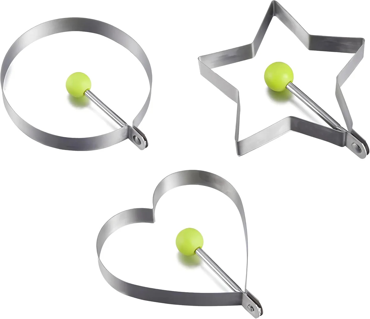 Three stainless steel cooking molds round heart star with cool-touch handles