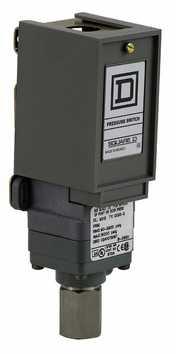 Square D 9012G pressure switch, compact metal body, grey finish, 1/4-inch FNPT port, NEMA 1 enclosure