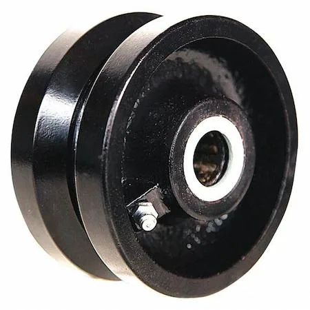 Dark cast-iron V-groove wheel on grey plastic core, roller bearing hub, industrial finish