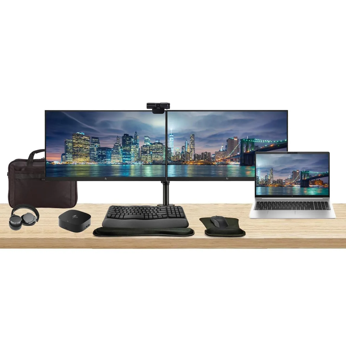 HP HP ProBook 455 G10 15.6" Ryzen 7 16GB 512GB Bundle 2×24" Monitors Dock Keyboard Mouse Webcam Headphones Bag — product photo