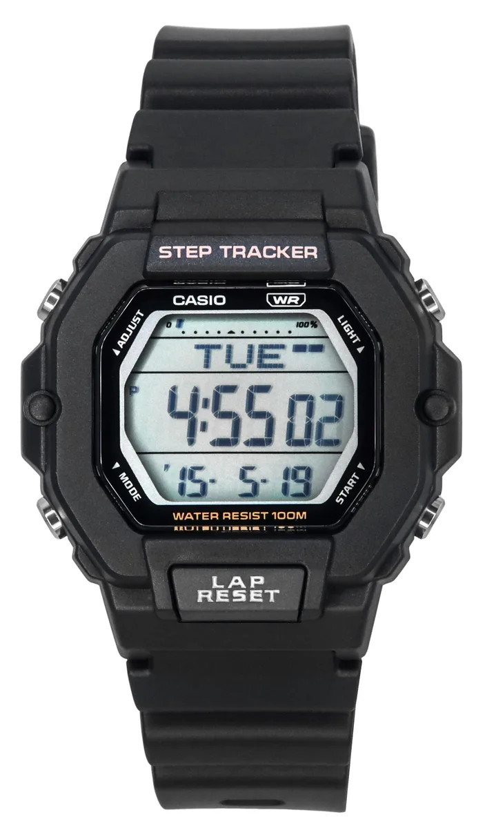 Black square digital watch with resin case and strap, 37.60 mm thick, 100m water resistant
