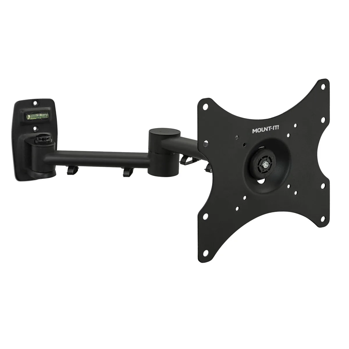 Black steel full-motion TV wall mount with 18-inch articulating arm, compact folded profile