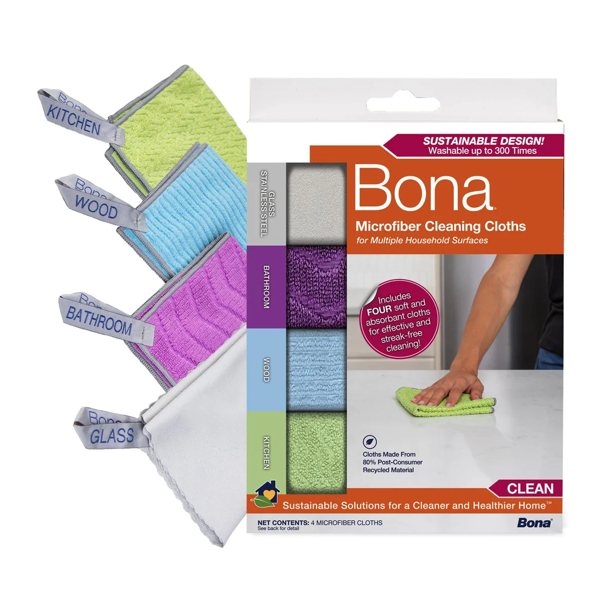 Four folded microfiber cloths with hang loops, rectangular, light grey and white, smooth finish