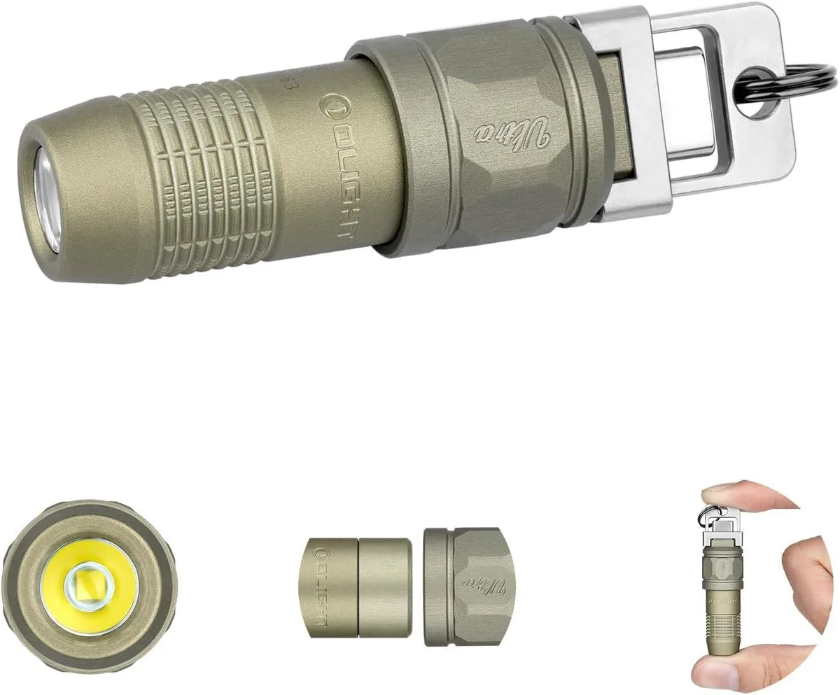 Olive-green mini keychain flashlight with integrated USB-C plug, magnetic base and flip hook