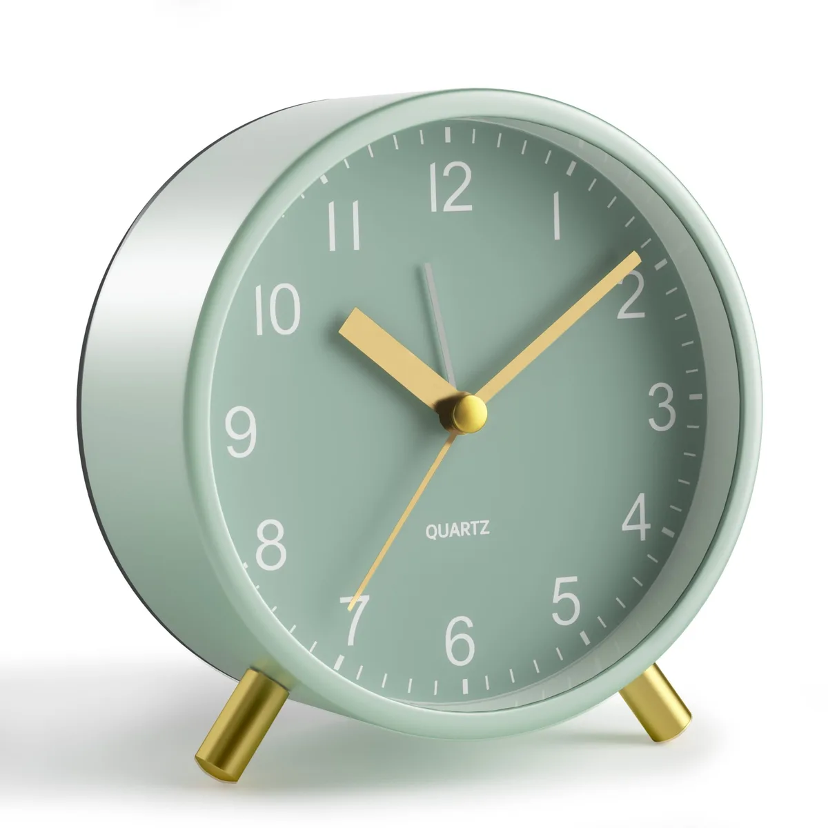 Small green analog alarm clock with gold accents, 4.25 inches square