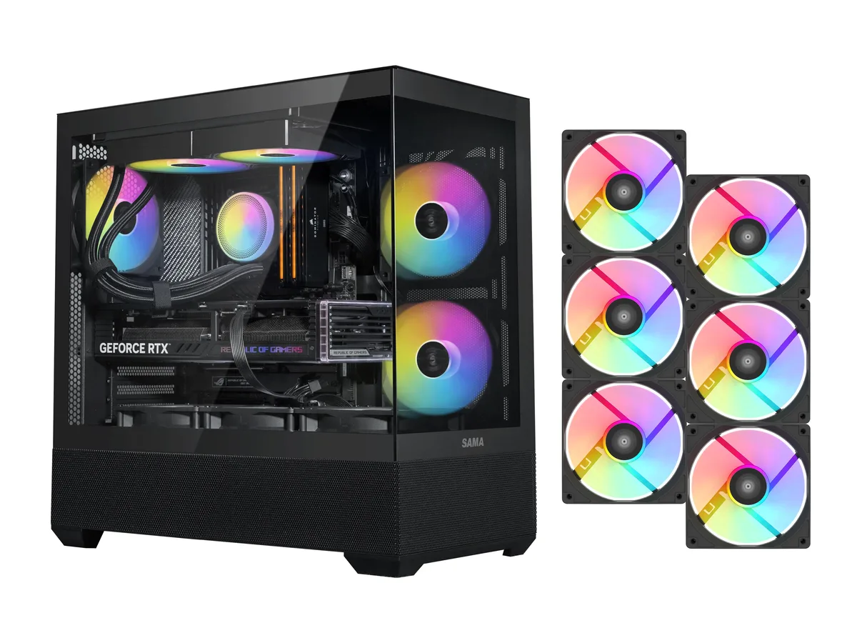 Black mid-tower case with dual tempered glass side panels and six 120mm ARGB fans visible