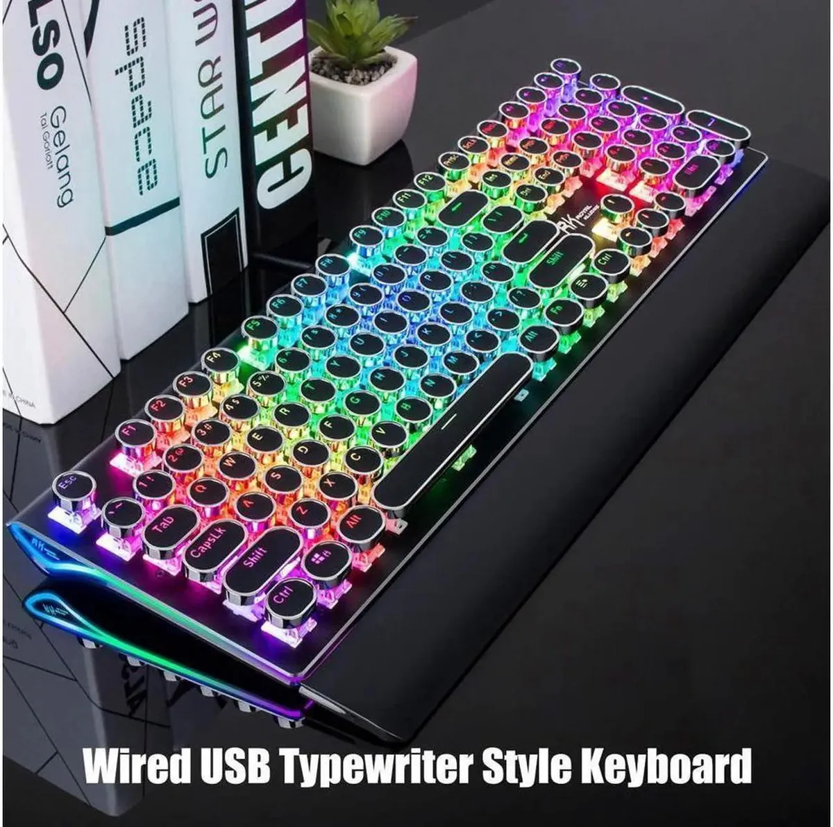 JAENFONG JAENFONG Typewriter Style Mechanical Gaming Keyboard 108-Key Blue Switch Retro Round Keycap Black — product photo
