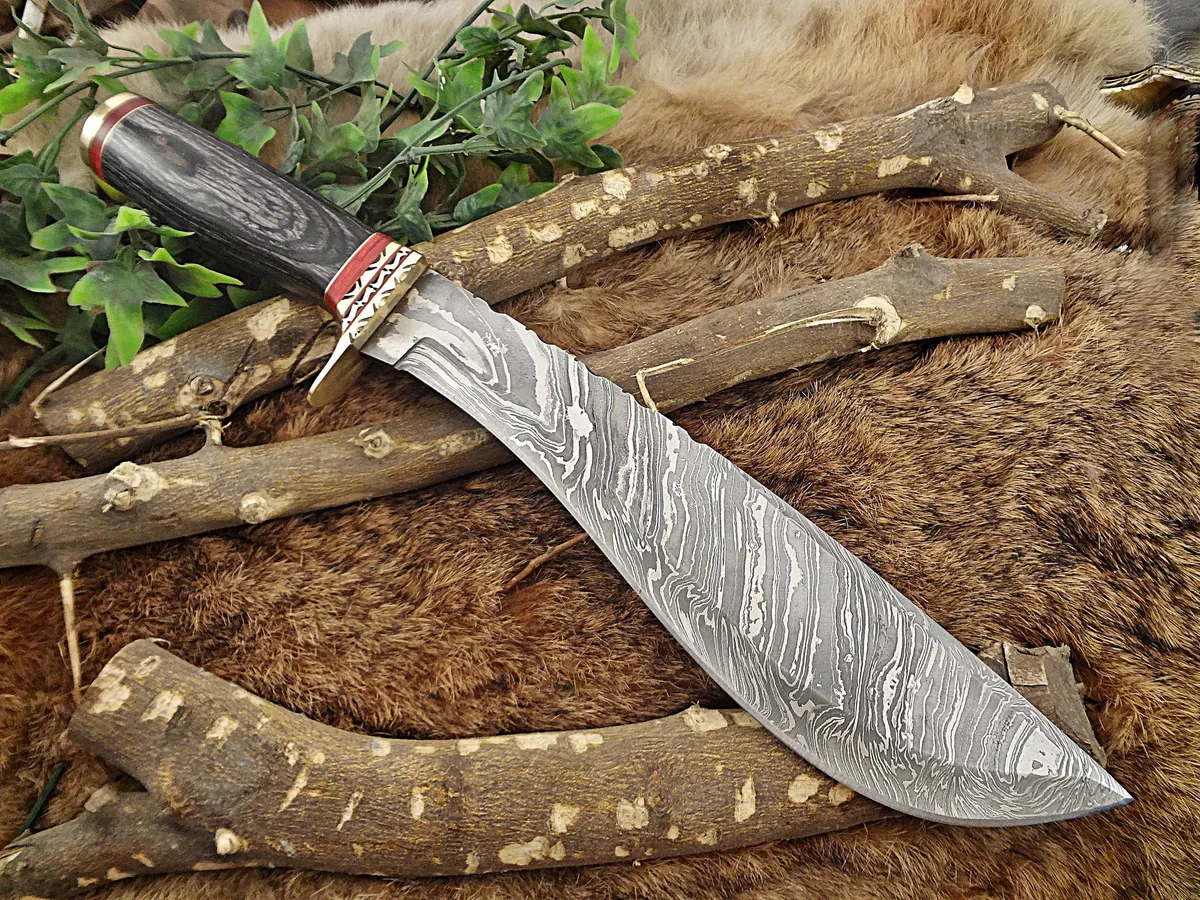 Damascus Depot Damascus Depot 14.5 Inch Bowie Knife 10 Inch Blade 2 Tone Black Handle Engraved Brass Guard Leather Sheath — product photo