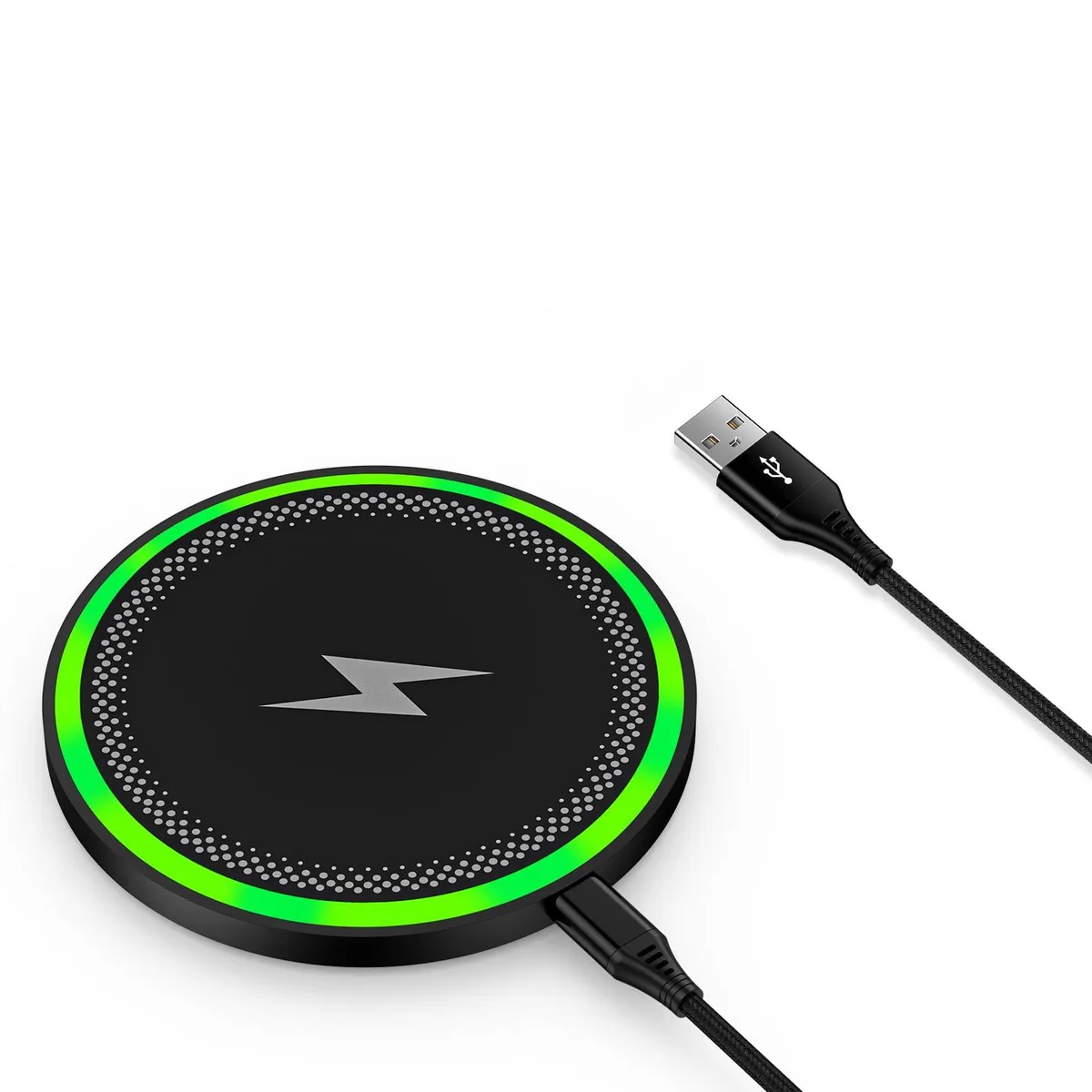 Thin black wireless charging pad with short USB cable attached
