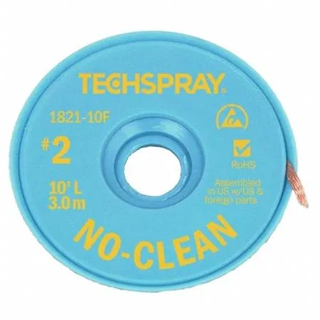 Yellow no-clean desoldering braid on ESD-safe bobbin, .055 in wide, 10 ft long