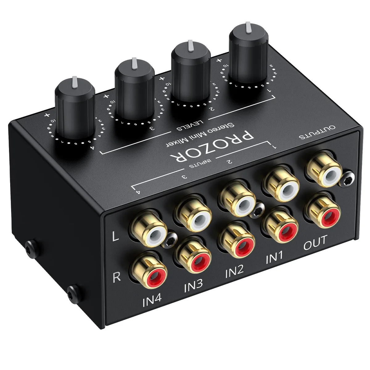 Small silver metal box with four RCA inputs and four rotary knobs on top