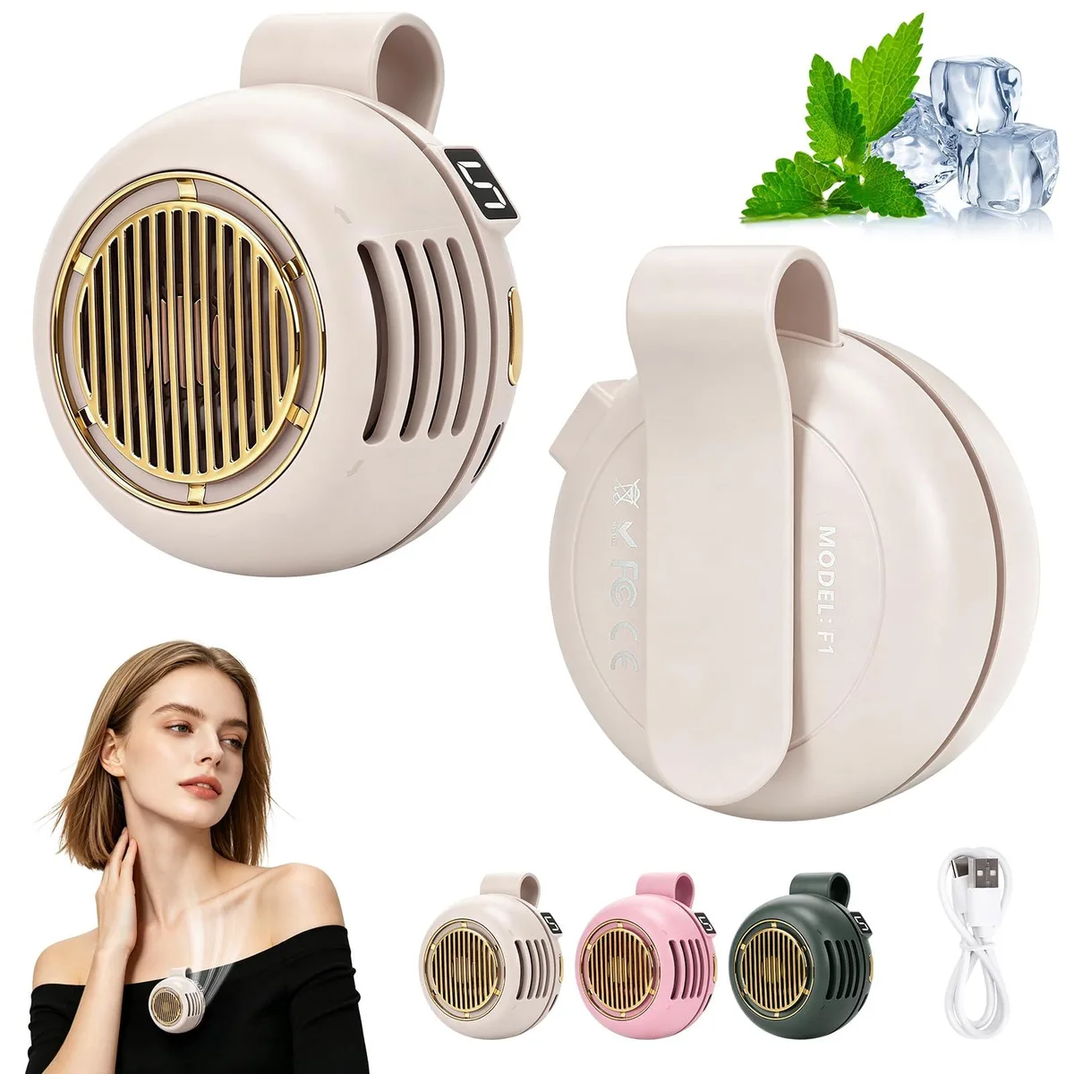  keilyht Mini Bladeless Fan Clip On White 5 Speeds 360° Rotatable USB Rechargeable 2.1W 24dB 2.9oz — product photo