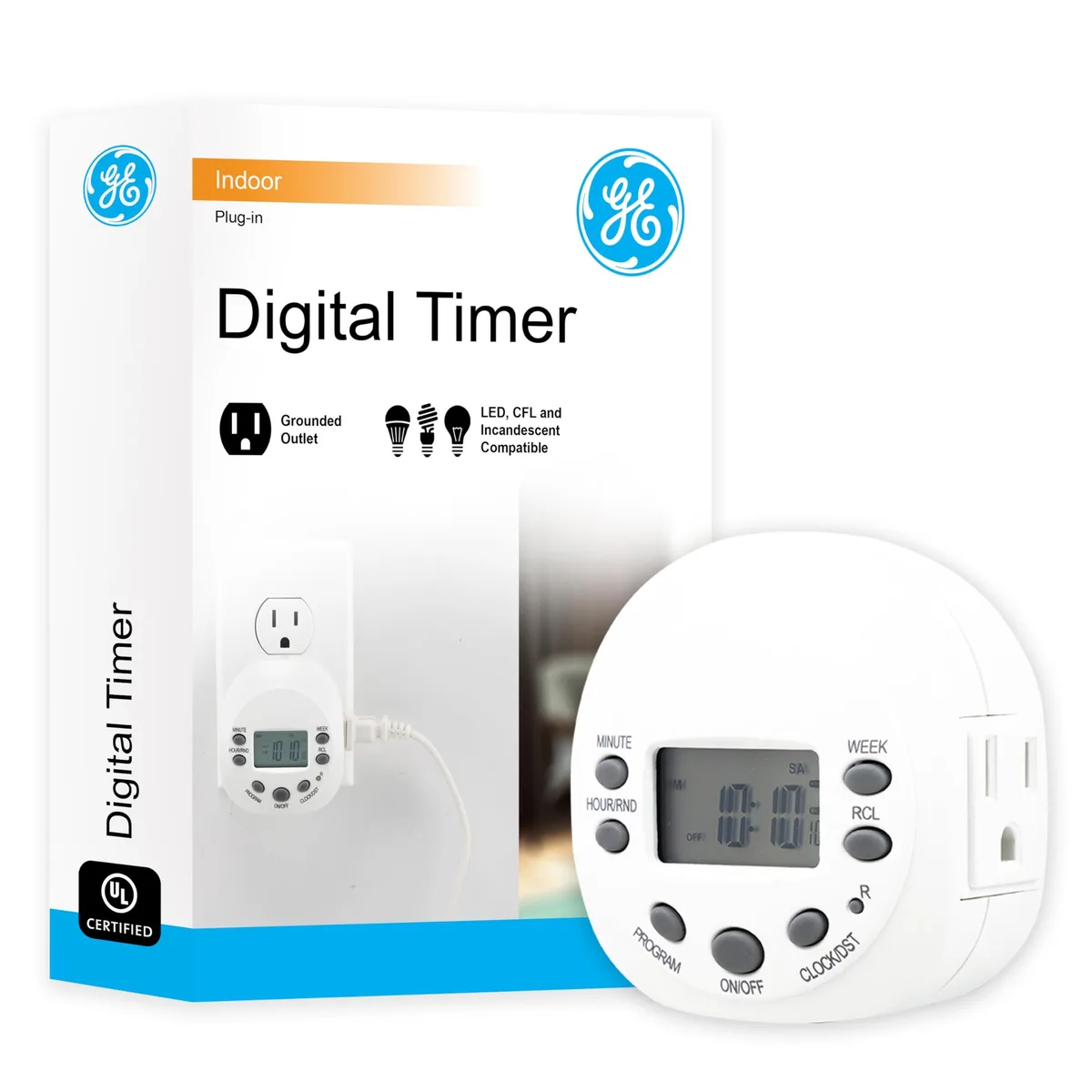 White plug-in digital timer with one grounded outlet and LCD display