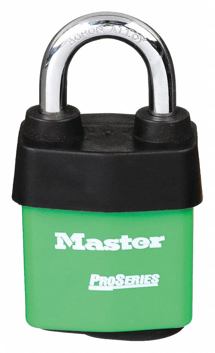 Green steel padlock with boron alloy shackle, laminated weather-tough cover, keyed alike