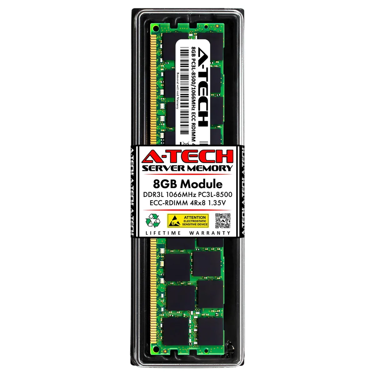 Green 240-pin DDR3L registered DIMM module with black memory chips