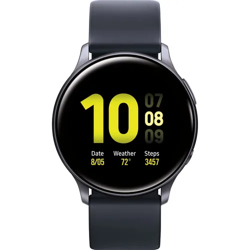 Round black smartwatch with dark strap, 44mm case, circular AMOLED display