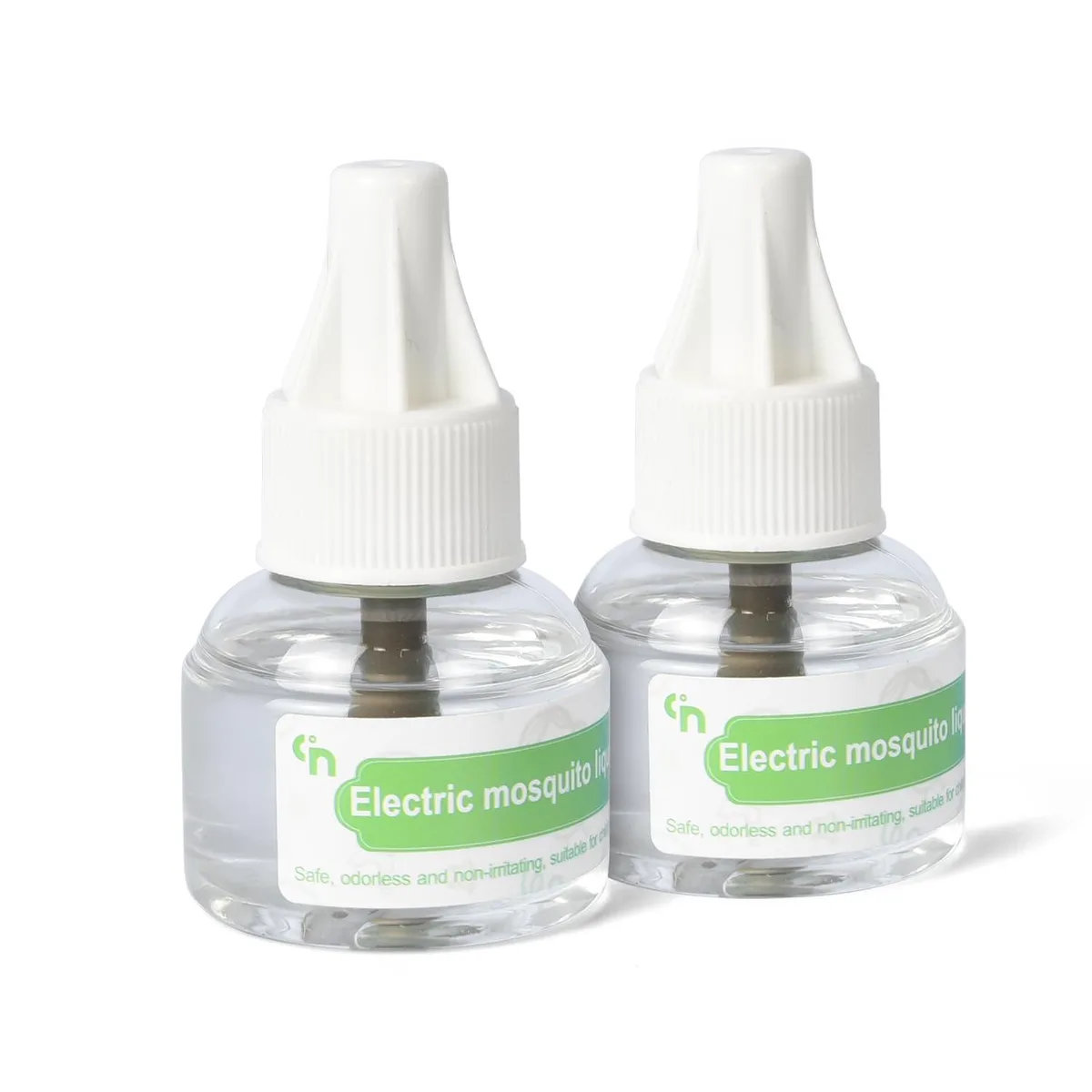 Two clear liquid refill bottles with lemon scent
