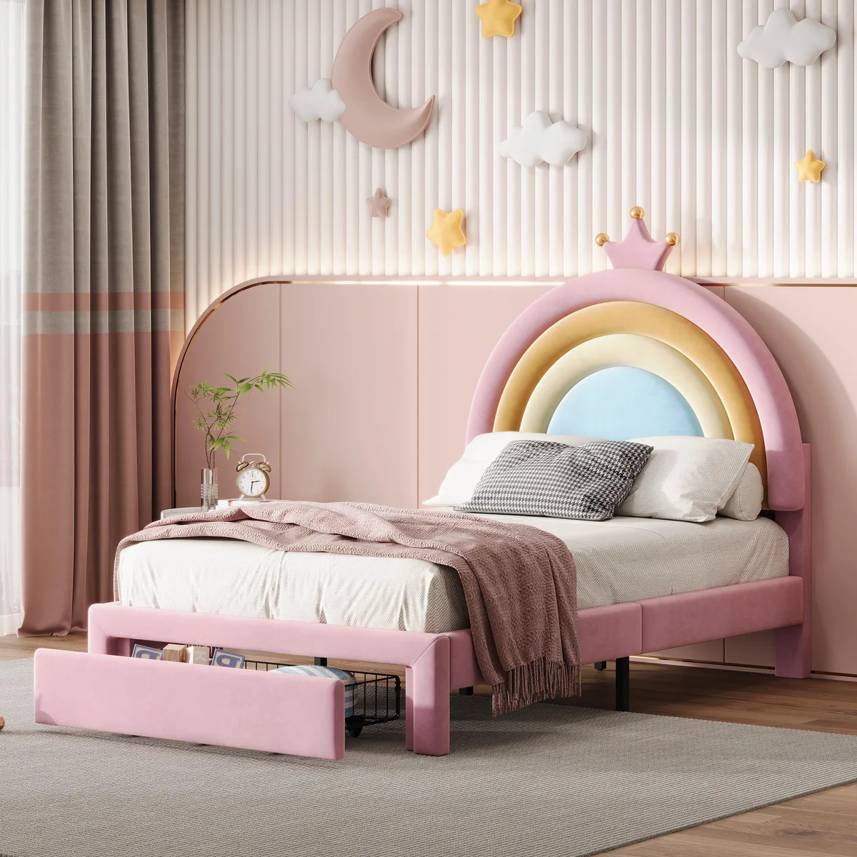 tuphen tuphen Twin Velvet Rainbow Bed with Storage Drawer 77.5"L 40.5"W 47"H — product photo