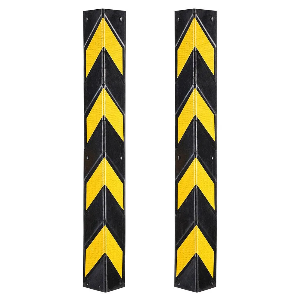Two black rubber L-shaped corner guards with yellow reflective strips, 31 inches long
