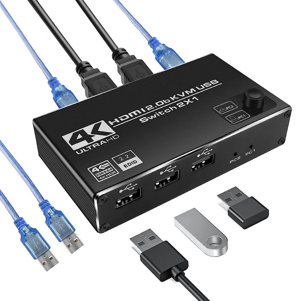 AUTYUE AUTYUE 2-Port HDMI KVM Switch 4K 60Hz Metal Case Button Hotkey 2 USB Cables — product photo