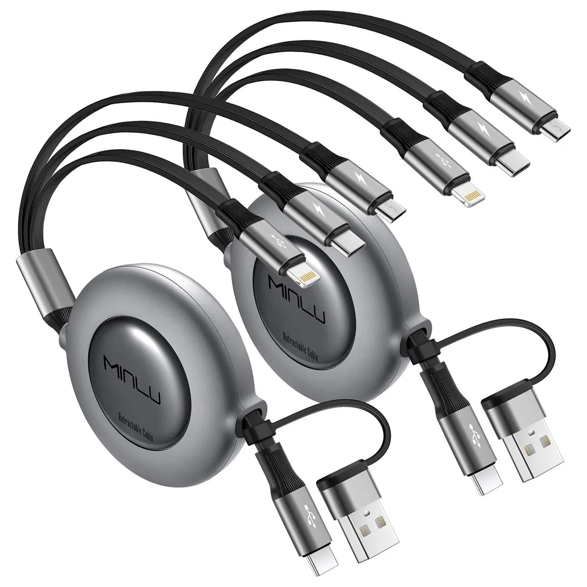 Two retractable coiled cables in white finish, USB-A and USB-C ends with Lightning, USB-C and Micro-USB tips, 4ft extended length