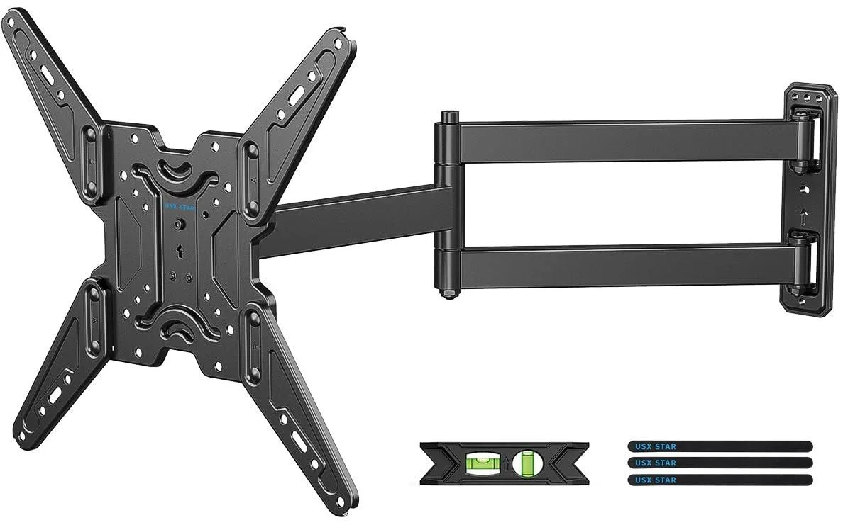 Black steel corner TV mount with long articulating arm extended