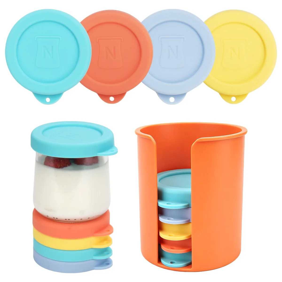 Eight silicone jar lids stacked in a plastic organizer rack