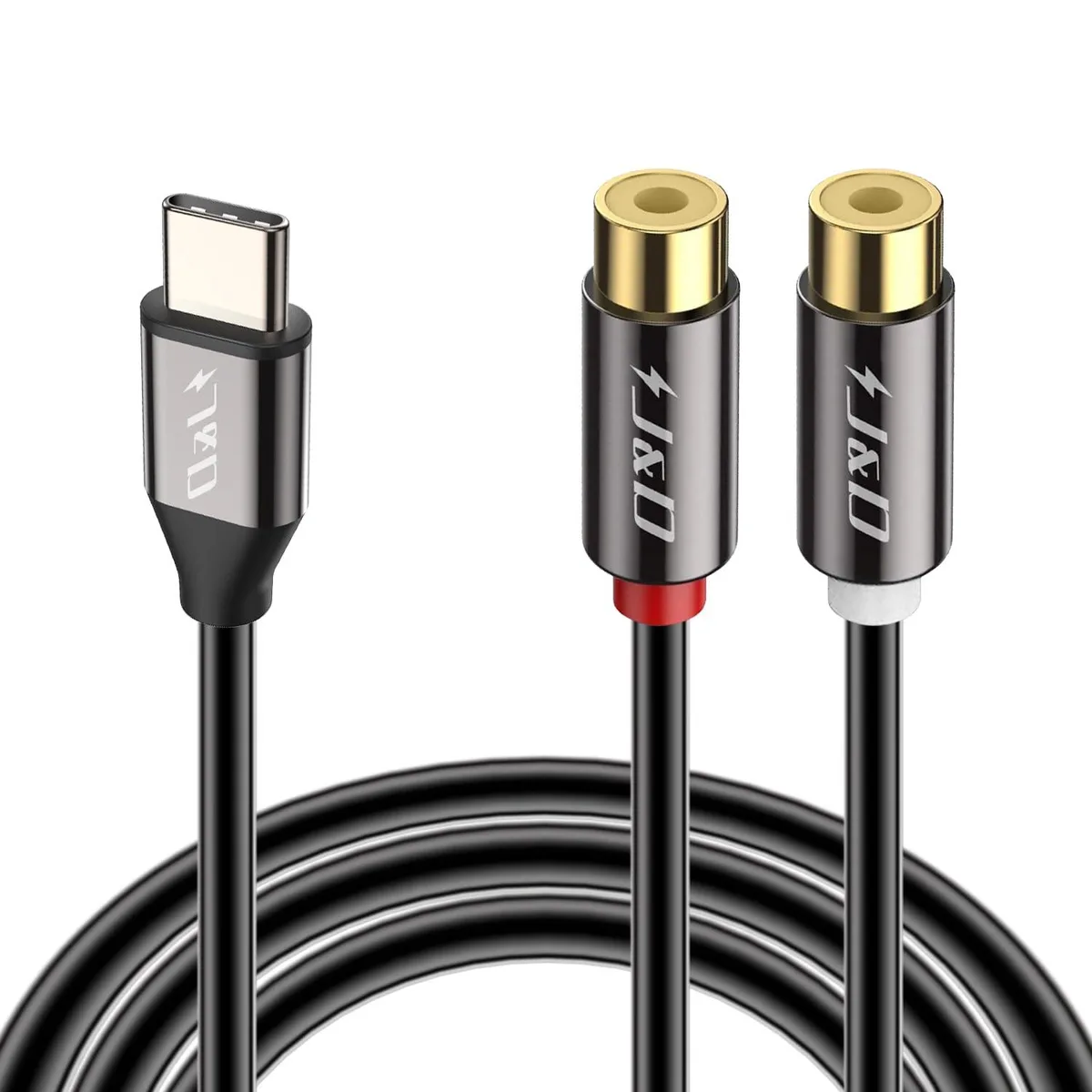 Black braided USB-C male to dual RCA female Y-splitter cable, 0.2 m