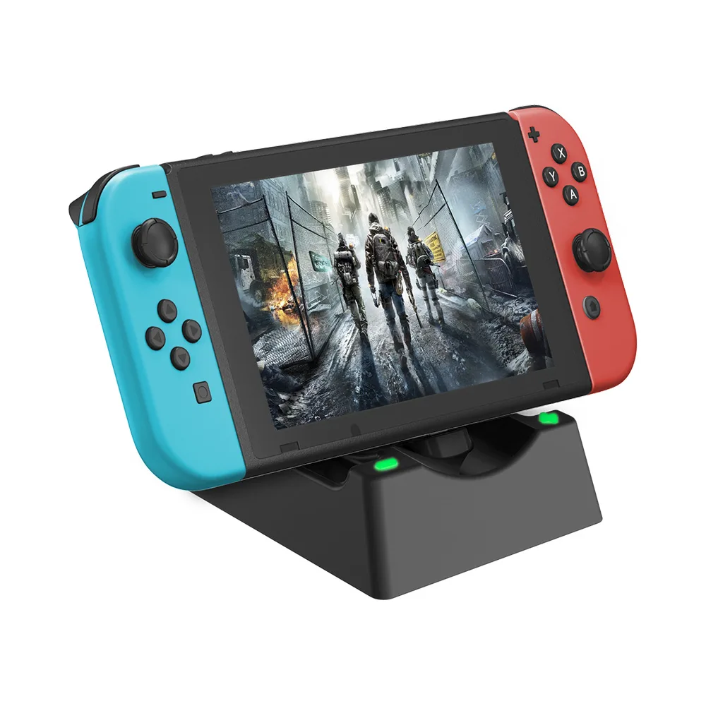 Black compact charging dock for Nintendo Switch with USB-C port and LED indicators