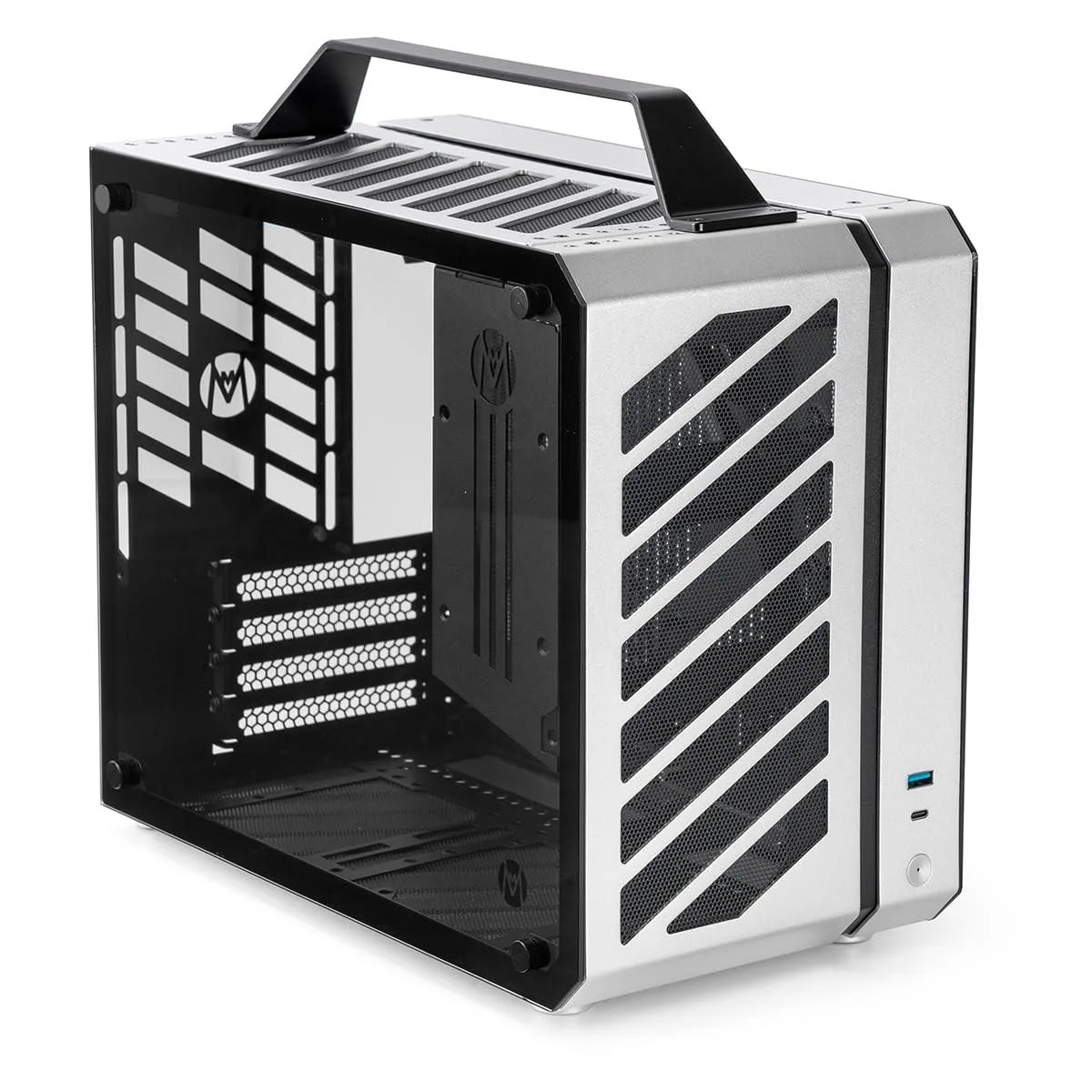 Compact silver Mini-ITX case with top carry handle and tempered glass side panel