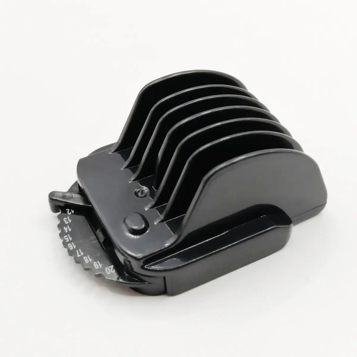 Black 10-position guide comb attachment with adjustable length settings from 12 to 21mm