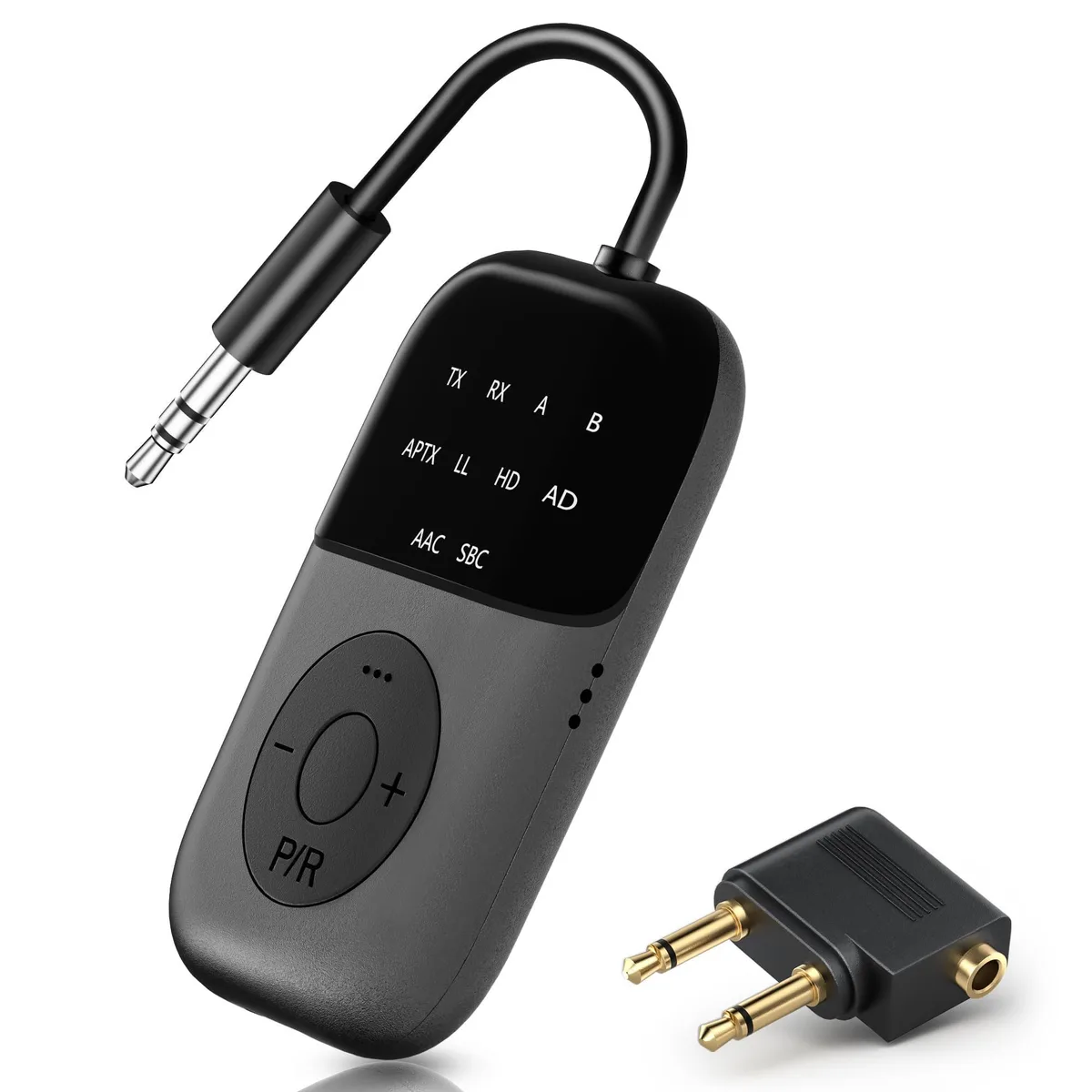 Small black rectangular ABS adapter with 3.5 mm and RCA ports