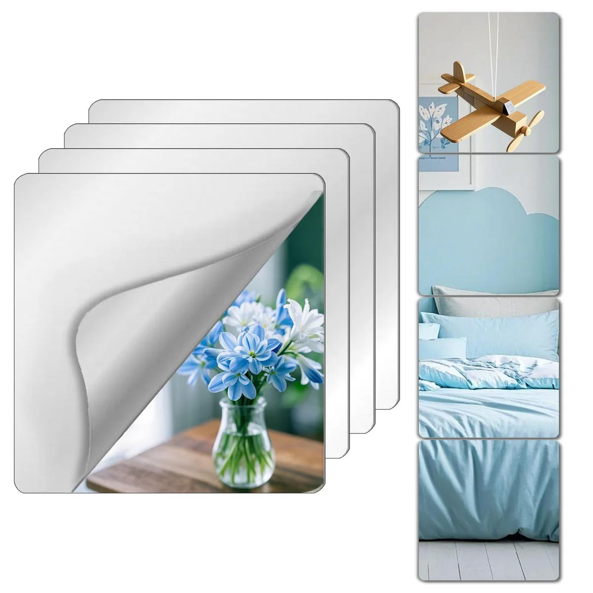Four silver rectangular acrylic mirror tiles 10x10 inch